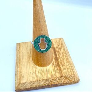 Hamsa Sterling Silver Pave Set Green CZ Ring Size 8 3/4
